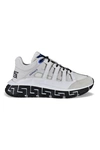 VERSACE MEN'S LUXURY SNEAKERS   TRIGECA SNEAKERS IN WHITE LEATHER WITH BLUE DETAILS.