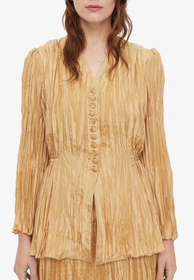 Malene Birger Abruzza Crinkled Plisse Silk Shirt In Gold
