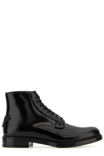 Prada Men's Leather Lace-up Boots With Triangle Logo In Nero