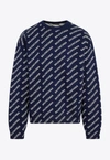 Balenciaga All-over Logo Cotton Blend Sweater In Navy