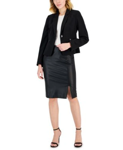 Tahari Asl Womens Long Sleeve Zip Pocket Blazer Faux Leather Slit Front Pencil Skirt In Black