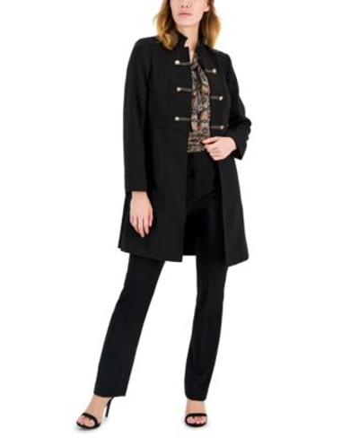 Tahari Asl Womens Military Long Sleeve Topper Jacket Printed Tie Neck Sleeveless Top Mid Rise Zip Front Bootcut In Black