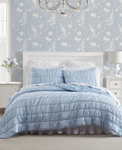 Laura Ashley Amalia Microfiber Reversible Quilt Set Collection Bedding In Chambray Blue