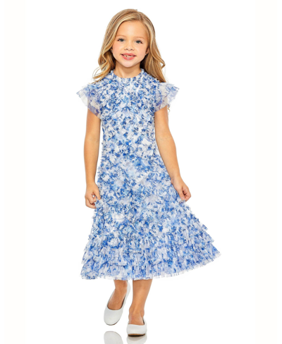 Mac Duggal Girls High Neck Ruffle Tiered Mini Dress In Blue Multi