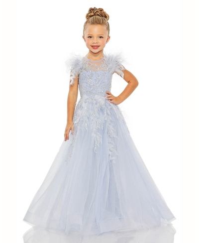 Mac Duggal Girls Feather Sleeve Detail Glitter Tulle Dress In Ice Blue