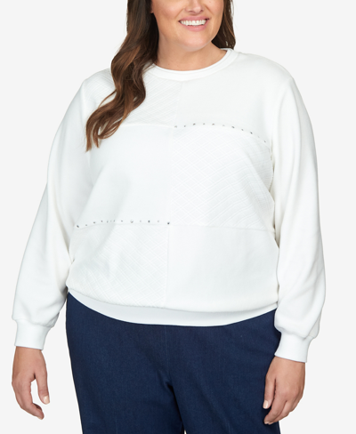 Alfred Dunner Plus Size Classics Spliced Quilted Pull On Crew Neck Top In Ivory