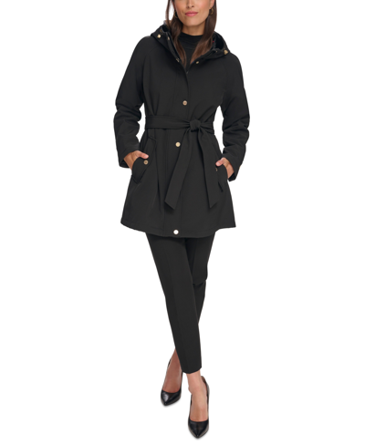 Tommy Hilfiger Women's Petite Hooded Belted Softshell Raincoat In Black
