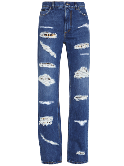 Dolce & Gabbana Distressed Jeans With Leo Print In Light Blue