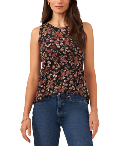Vince Camuto Women's Floral-print Keyhole Sleeveless Top In Rich Black