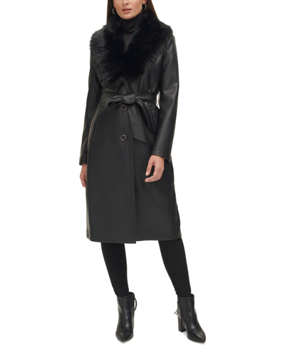 Kenneth Cole Women's Faux-fur-trim Faux-leather Coat In Black