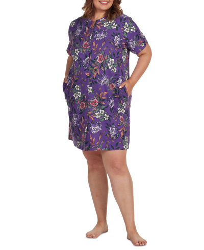 Miss Elaine Plus Size Floral Short-sleeve Gripper Robe In Eggplant Multi Floral