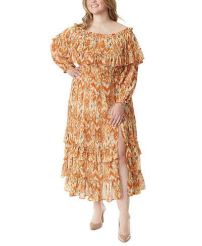 Jessica Simpson Plus Size Printed Merisa Ruffled Tiered Slit-front Dress In Honey Peach - Ornate Western