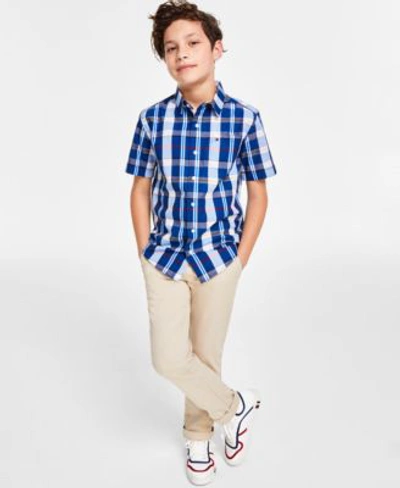 Tommy Hilfiger Kids' Toddler Little Big Boys Campus Plaid Shirt Flat Front Stretch Chino Pants In Gold Khaki