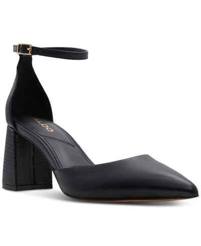 Aldo Women's Jan Pointed-toe Ankle-strap Block-heel Pumps In Black Leather