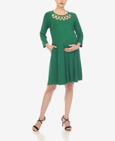 White Mark Women's Maternity Cross Neckline Swing 3/4 Sleeve Dress In Green