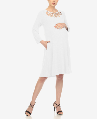 White Mark Women's Maternity Cross Neckline Swing 3/4 Sleeve Dress In White