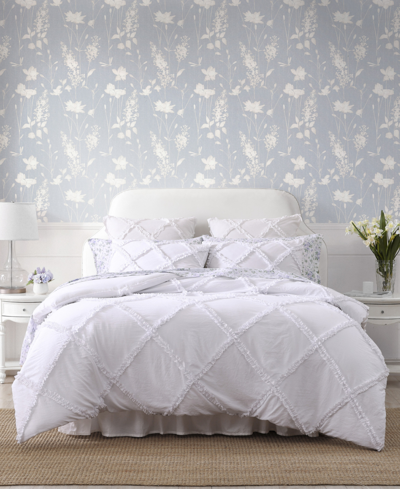 Laura Ashley Norah Solid Microfiber 3 Piece Comforter Set, King In White
