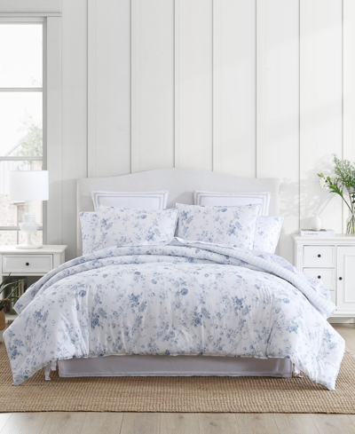Laura Ashley Belinda Cotton Reversible 3 Piece Comforter Set, King In Chambray Blue