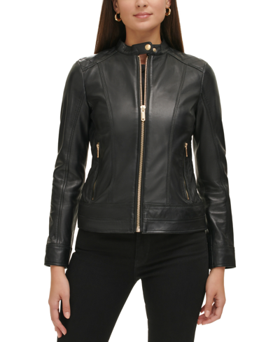 Guess Women's Petite Quilted-shoulder Leather Coat, Created For Macy's In Black