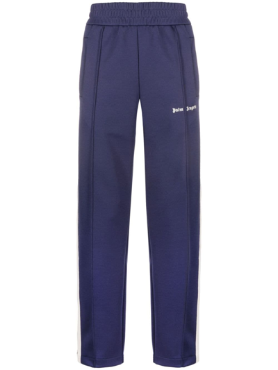 Palm Angels Blue High Waist Pants With Logo Lettering On The Front In Navy