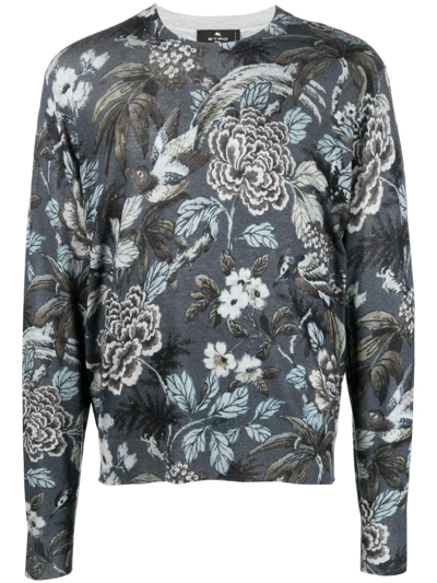 Etro Floral-print Cashmere-silk Sweatshirt In Blue