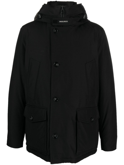Woolrich Arctic Button-up Hooded Down Jacket In Black
