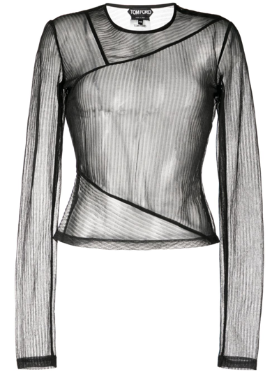 Tom Ford Sheer Ribbed Long-sleeve Jersey Top In Black