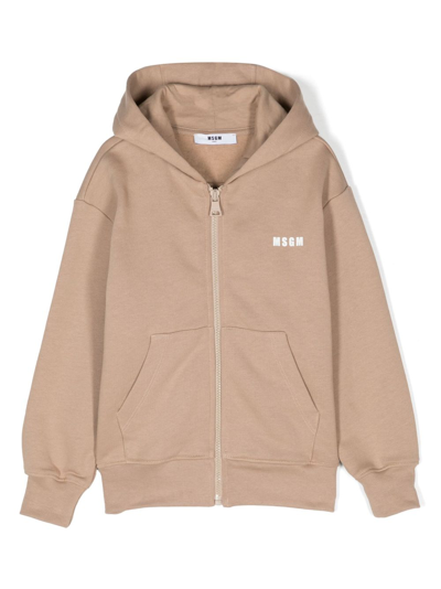 Msgm Kids' Logo-print Zip-up Hoodie In Beige