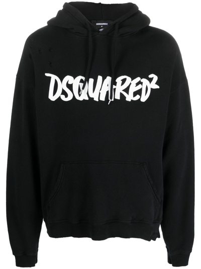 Dsquared2 Logo-print Distressed-effect Hoodie In Black