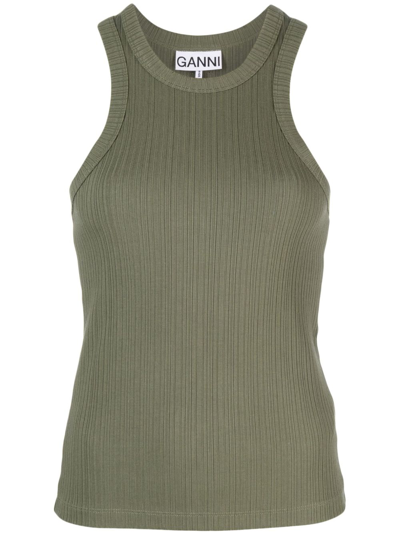 Ganni Logo-patch Ribbed Tank Top In Green