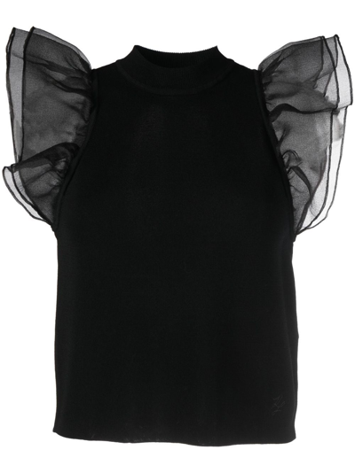 Karl Lagerfeld Flutter-sleeves Mock-neck Tank Top In Black