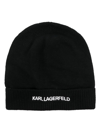 KARL LAGERFELD LOGO-EMBROIDERED RIBBED-KNIT BEANIE