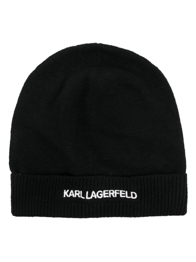 Karl Lagerfeld Logo刺绣罗纹针织套头帽 In Black