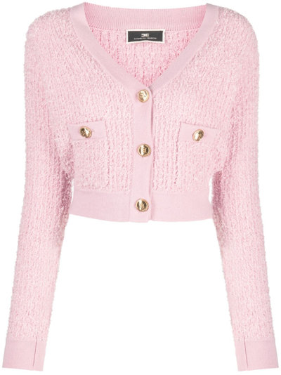 Elisabetta Franchi Button-up Bouclé Cropped Cardigan In Pink
