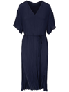 Vince Crushed Pleat V Neck Dress In Blue