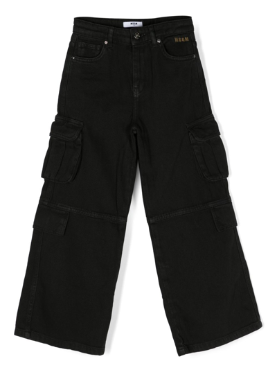 Msgm Kids' Logo-embroidered Cotton Jeans In Black