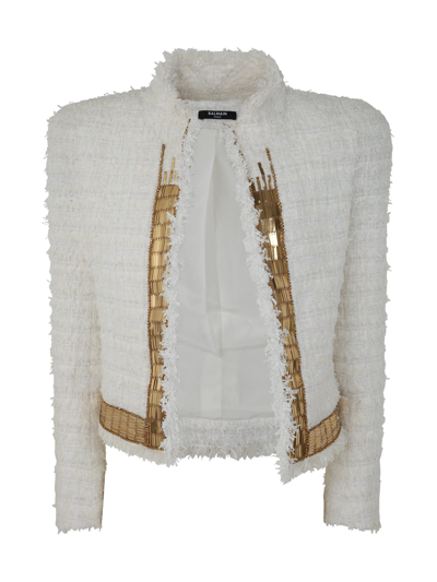 Balmain Side Embroidered Tweed Jacket In Gad Blanc Or