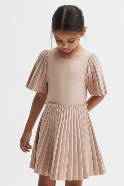 Reiss Rosalie - Pink Junior Pleated Metallic Short Sleeve Dress, Age 5-6 Years