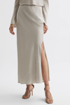 REISS AVRIL - SILVER METALLIC FITTED HIGH RISE MIDI SKIRT, US 10