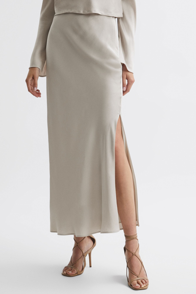 Reiss Avril - Silver Metallic Fitted High Rise Midi Skirt, Us 10