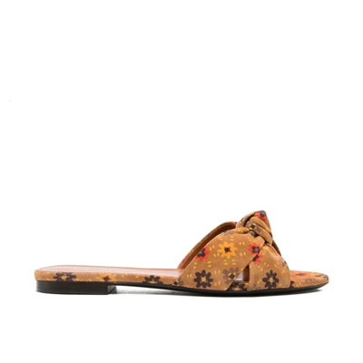 Saint Laurent Bianca Knotted Floral-print Suede Slides In Brown