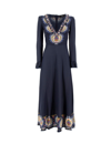 Etro Plunging Engineer Border-print Ruffle Cady Midi Dress In Blu