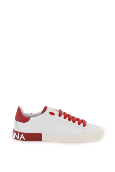 Dolce & Gabbana Portofino White And Red Low Top Sneakers With Logo Patch In Leather Man In Multicolor