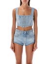 Alessandra Rich Studded Cropped Denim Corset Top In Light Blue