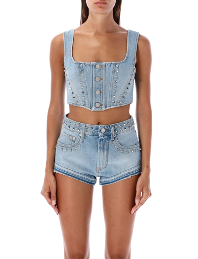 Alessandra Rich Studded Cropped Denim Corset Top In Blue