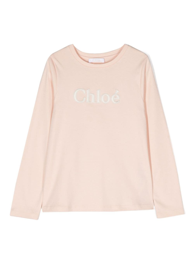 Chloé Chloe Girls Pink Washed Pink Kids Logo-embroidered Long-sleeved Cotton-jersey T-shirt 4-14 Years In Pink  Washed Pink