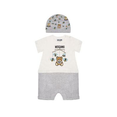 Moschino Romper And Hat Set With Logo In White And Grey Cotton Baby