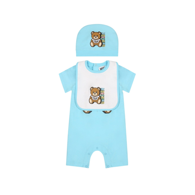 Moschino Light Blue Set For Baby Boy With Teddy Bear And Logo