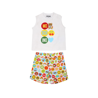 Moschino White Set For Baby Boy With Teddy Bear And Logo In Multicolor