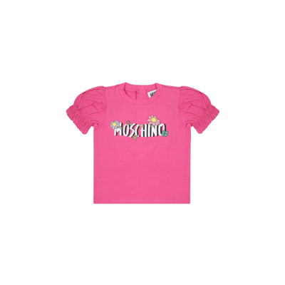 Moschino Fuchsia T-shirt For Baby Girl With Logo And Flowers